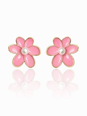 Pink Flower Pearl Center Stud Earrings